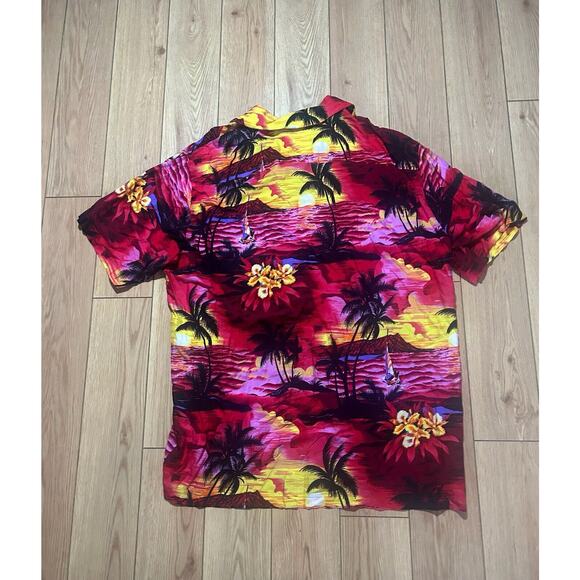 Hula Hula Hawaiian Shirt Fuchsia Black/Red/Yellow Palm Trees Tropical Rayon- 2XL - Picture 3 of 7